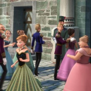Caption: WELCOME TO ARENDELLE – Elsa’s coronation draws guests from far-away lands—and movies. From “Tangled,” Eugene Fitzherbert aka Flynn Rider and Rapunzel even made the guest list.